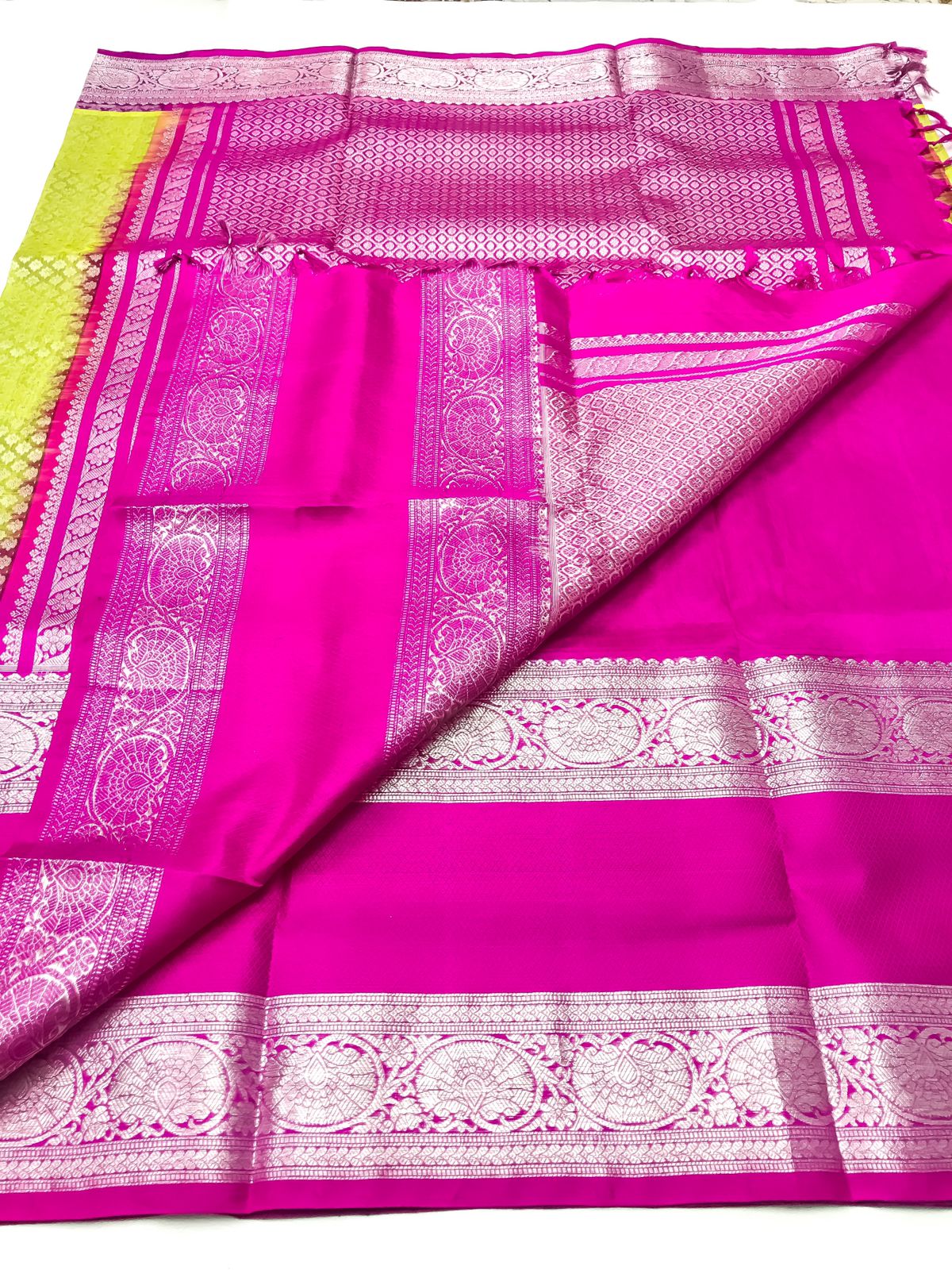 Venkatagiri handloom silk Saree in double tone green with pink all over kalanji color