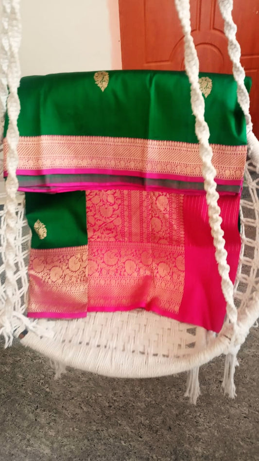 Pure Katan Banarasi in green with pink Color Saree