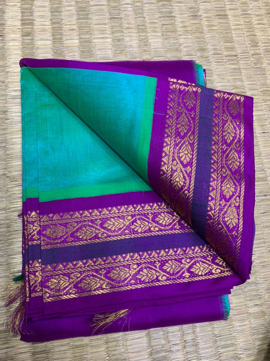 Korvai handloom silk cotton Saree korvai border in sea green with purple border