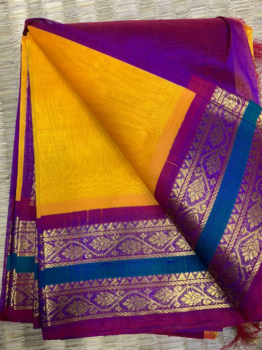 Korvai handloom silk cotton Saree korvai border in yellow with purple border