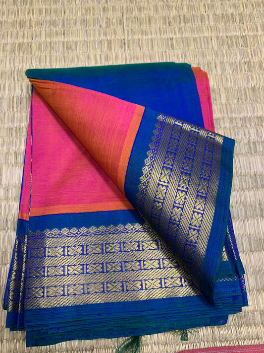 Korvai handloom silk cotton Saree korvai border in pink with navy border