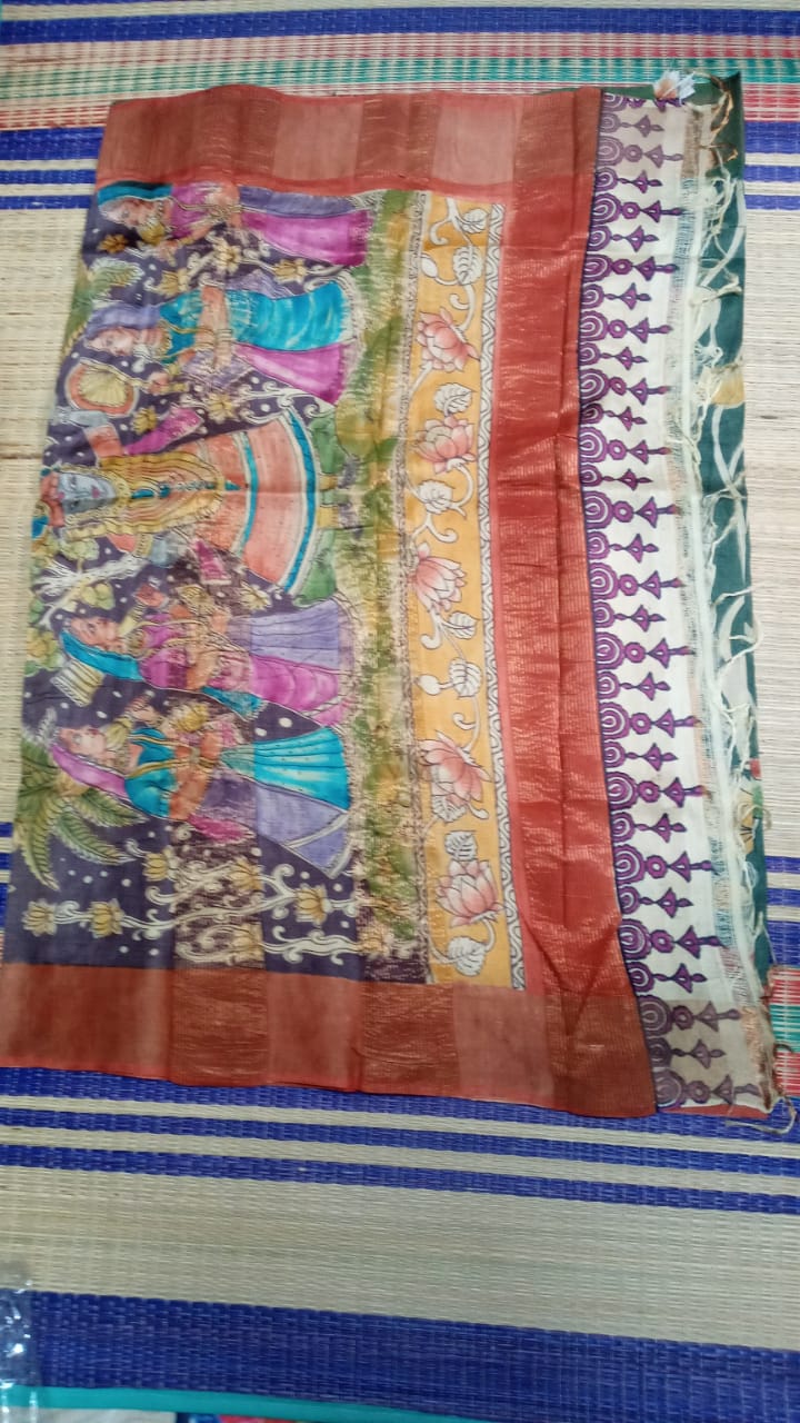 Hand painted Pen Kalamkari pure tussar Saree Lotus theme in green mundi