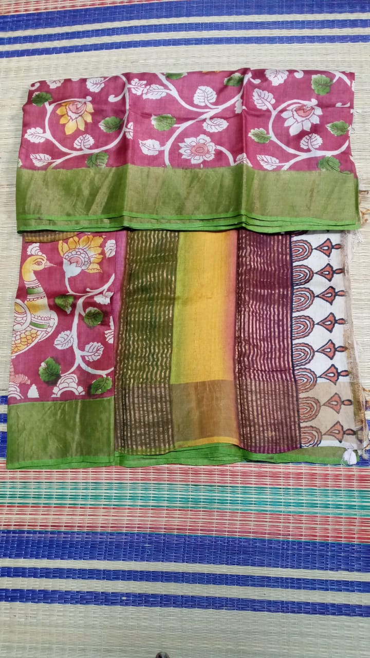 Pen Kalamkari pure tussar Saree in peacock and forest story pink with green colors full view