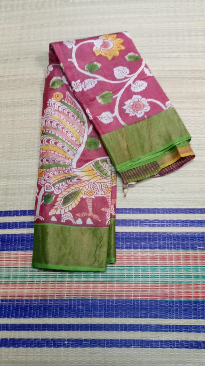 Hand painted Pen Kalamkari pure tussar Saree in peacock and forest story pink with green colors