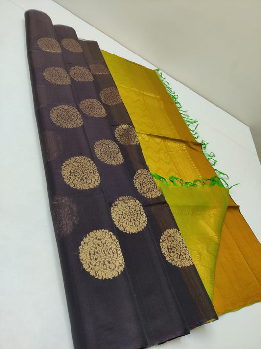 Cotton silk pure borderless in coffee with golden body color with golden butti