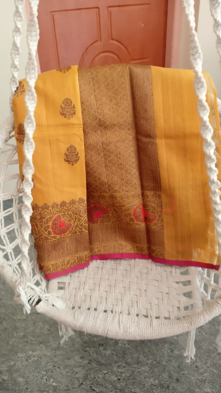 Pure tussar Banarasi meenakari saree in yellow