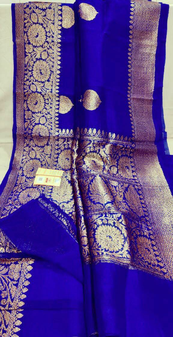 Kora Banarasi saree in kaduva butta handwoven in royal blue