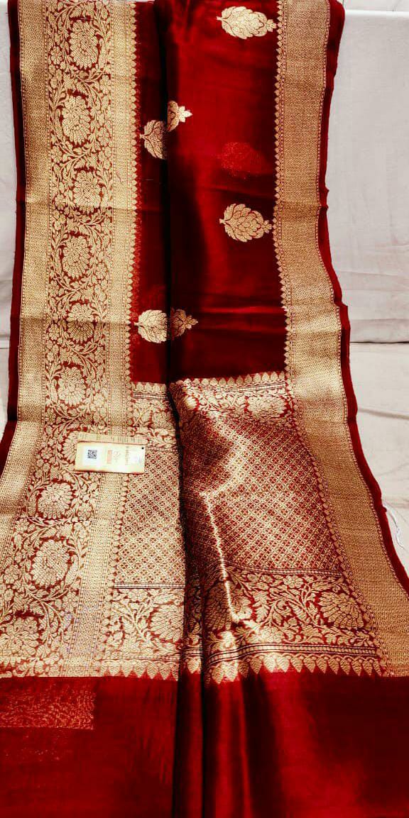 Kora Banarasi saree in kaduva butta handoven in red