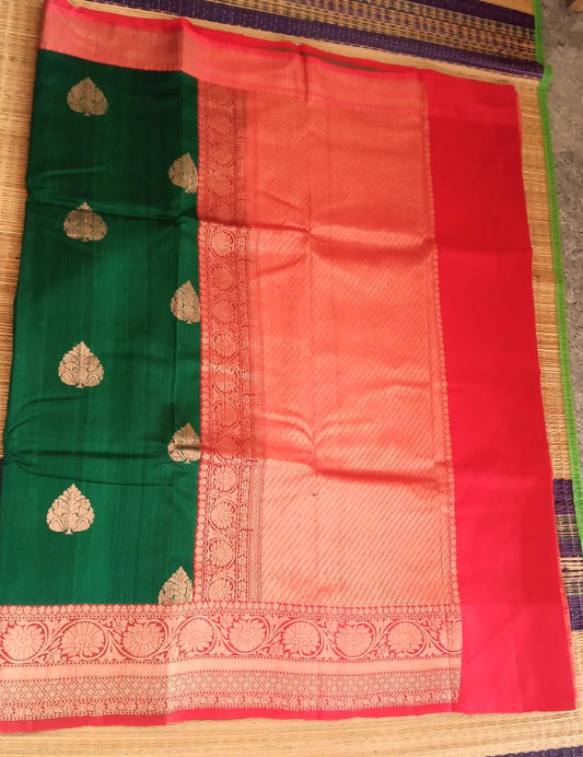 Pure Tussar Banarasi in green with red Color Saree