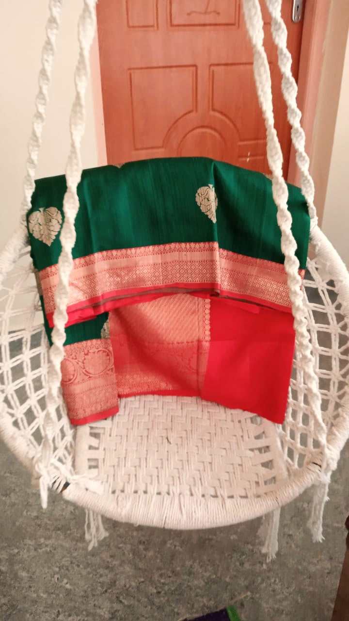 Pure Tussar Banarasi in green with red Color Saree