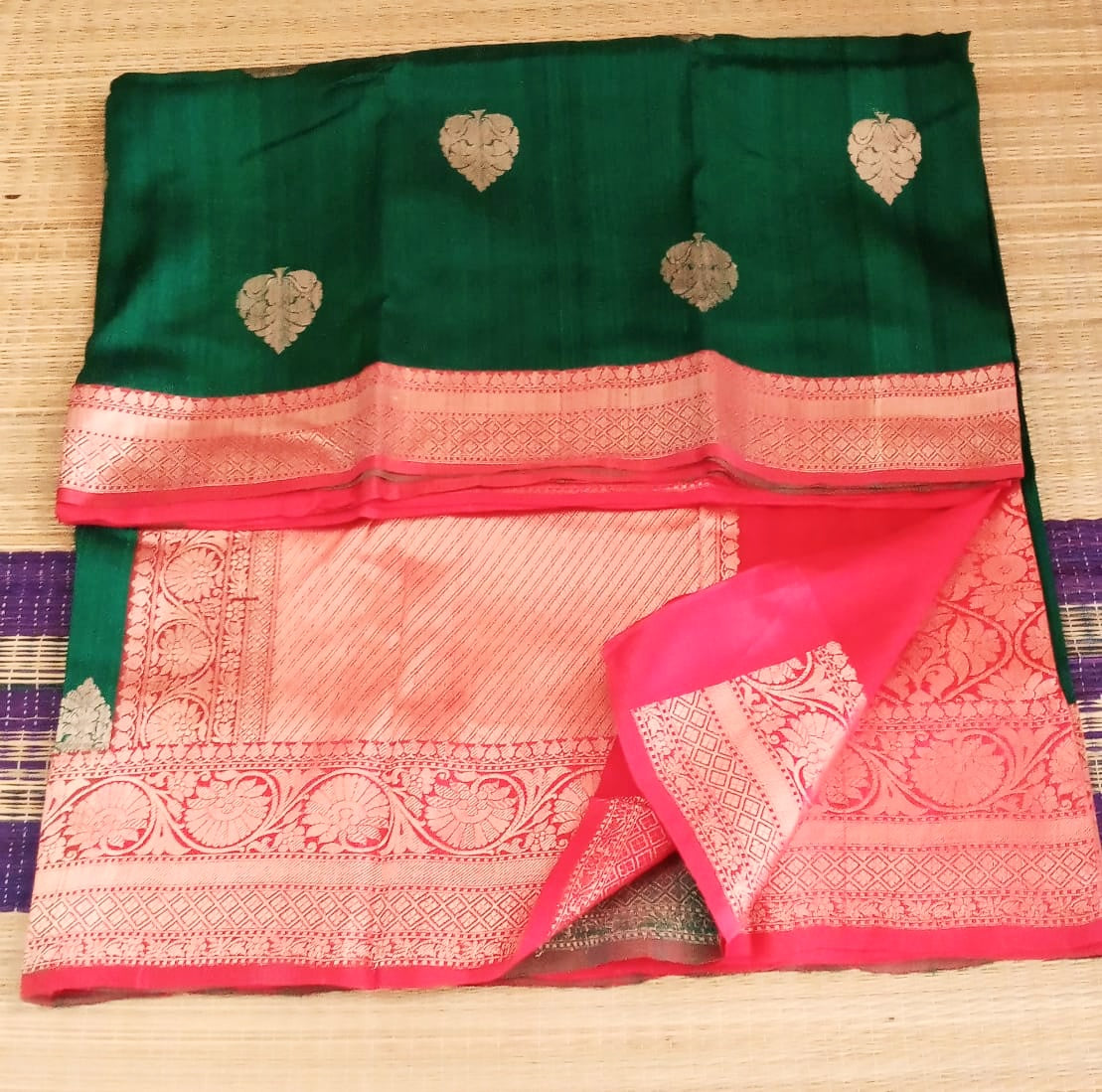 Pure Tussar Banarasi in green with red Color Saree