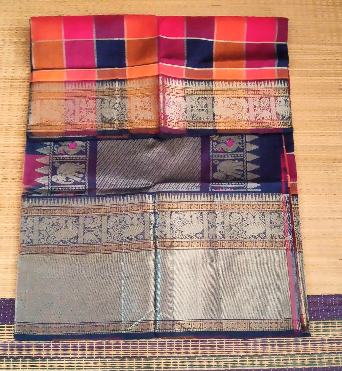 Pure silk cotton Saree with checked pattern with Navy blue and Orange Color