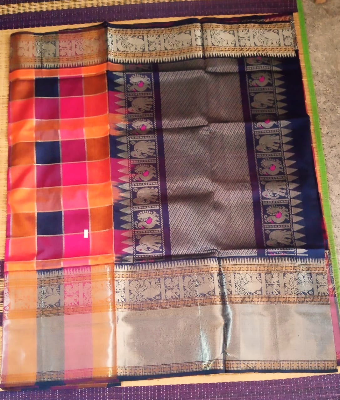 Pure silk cotton Saree with checked pattern with Navy blue and Orange Color Edit