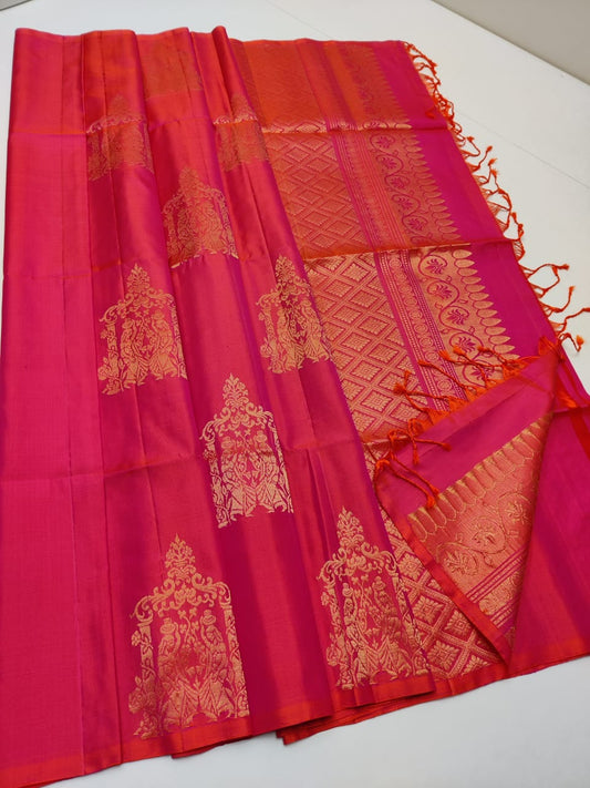 kanjivaram silk saree with double warp in borderless pinkish red