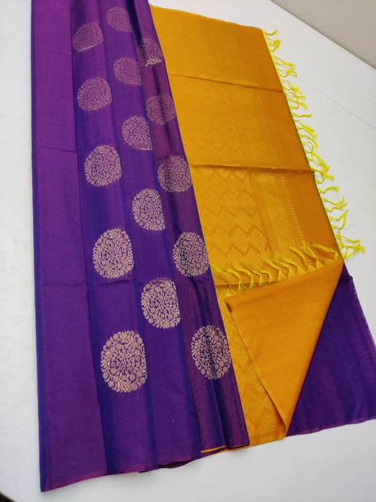 Cotton silk pure borderless in purple color with golden butti