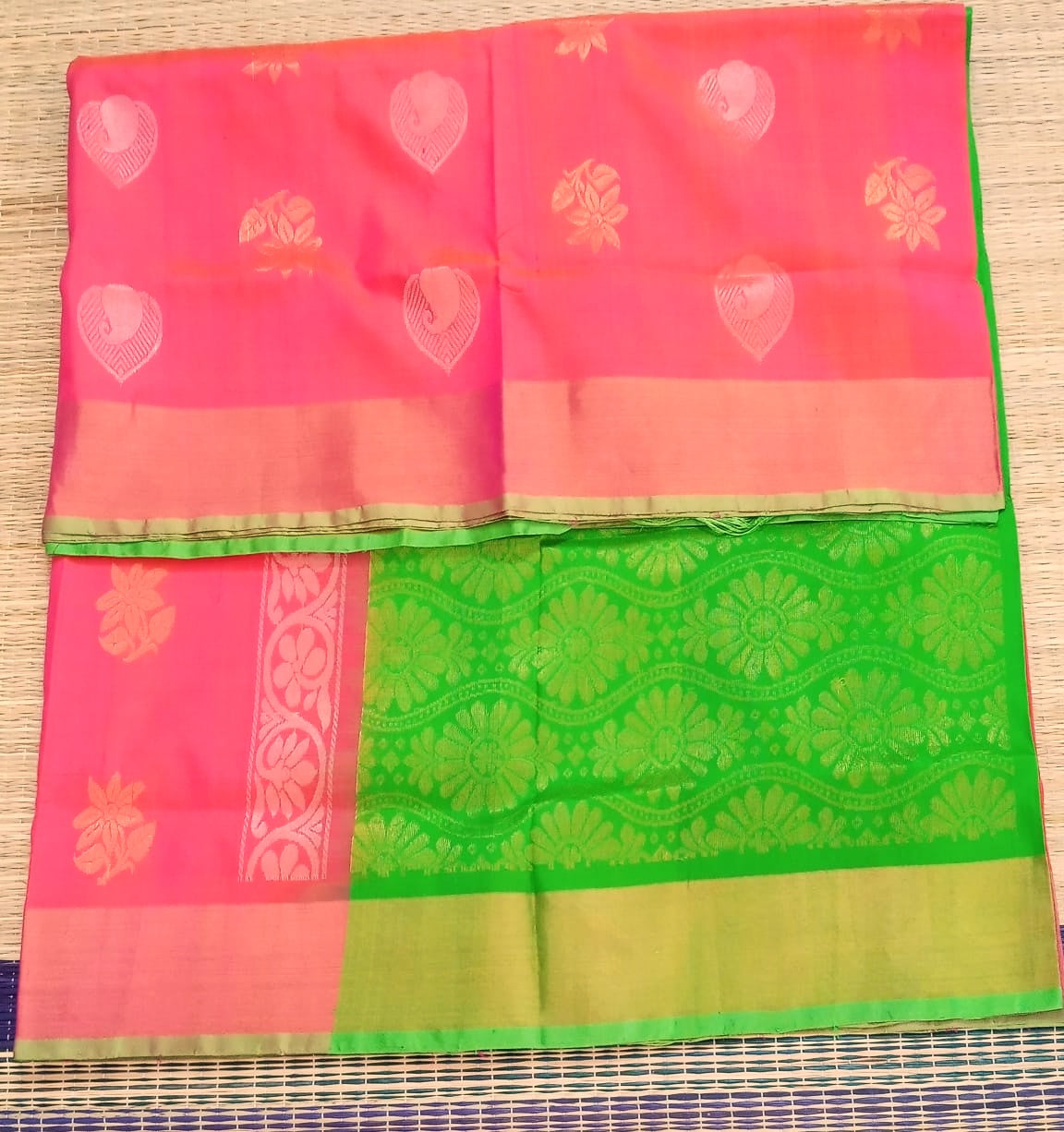 Uppada silk saree all over butti in peach color