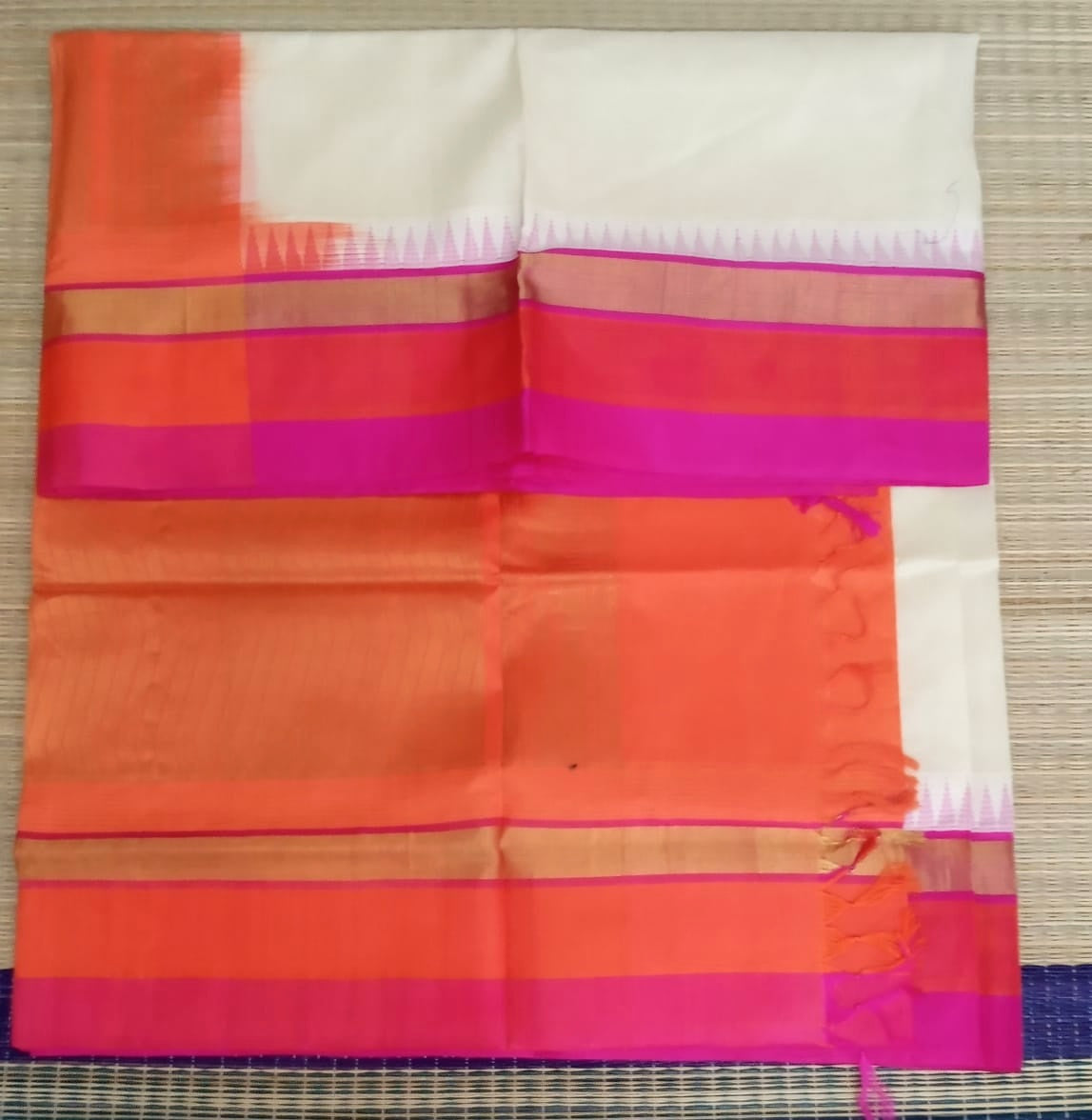 Korvai handloom silk cotton Saree korvai border in cream with orange 