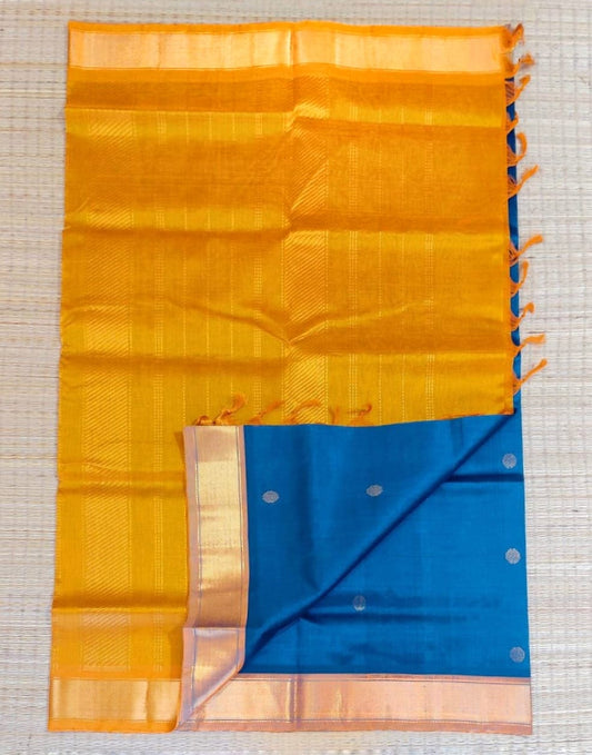 Silk cotton handloom Saree in peacock blue with orange border and golden butti