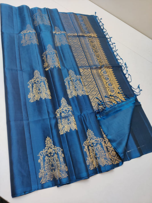 kanjivaram silk saree with double warp in borderless blue with dancing concept