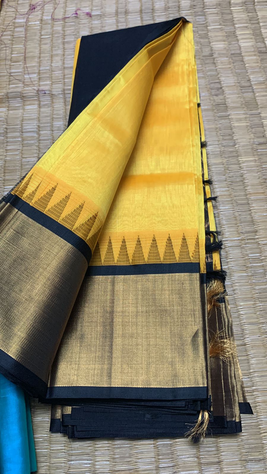 Korvai handloom silk cotton Saree double side kovi  border in yellow with black