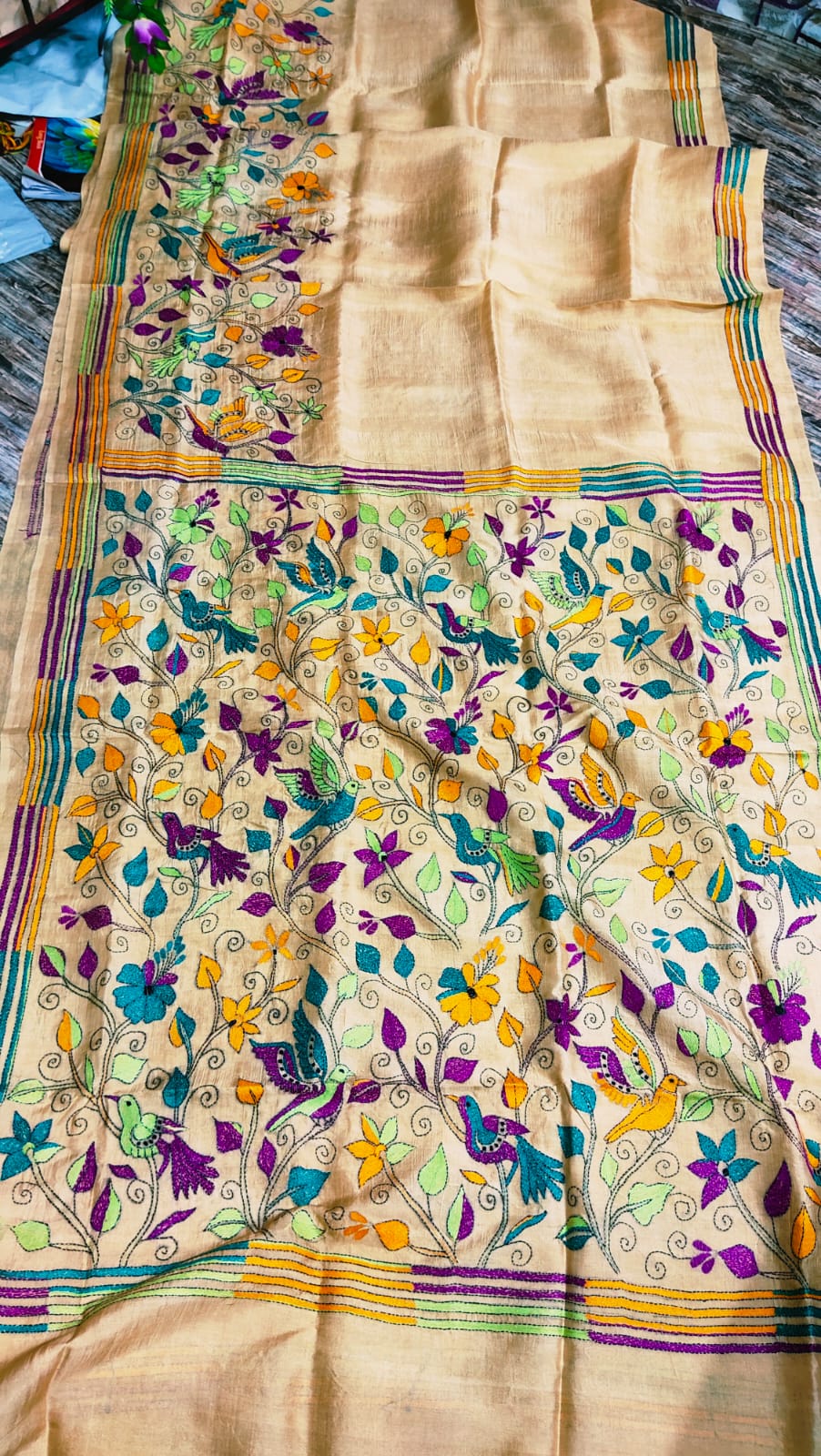 Biege Kantha Stitch work on Pure Tussar Silk Saree, 6.3 m with blouse piece  at Rs 8100 in Kolkata