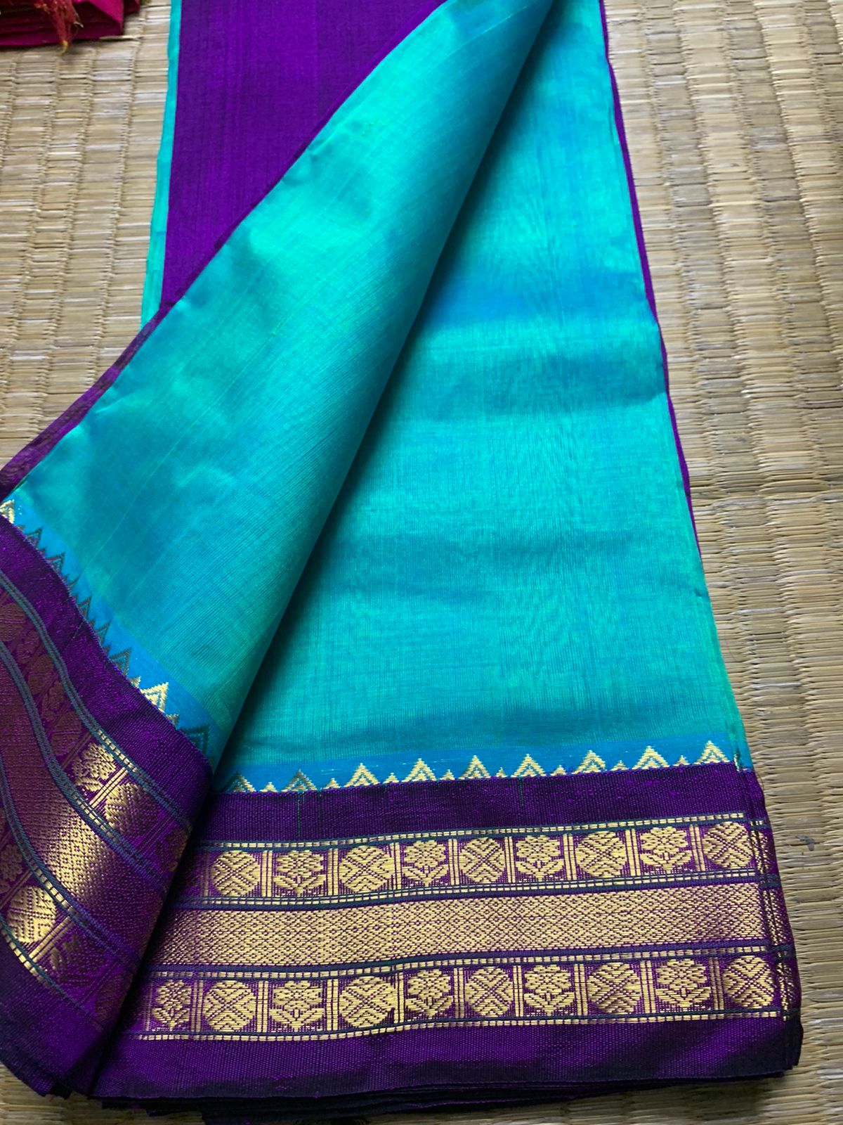 Korvai handloom weaving border silk cotton Saree korvai border in sea blue with purple 