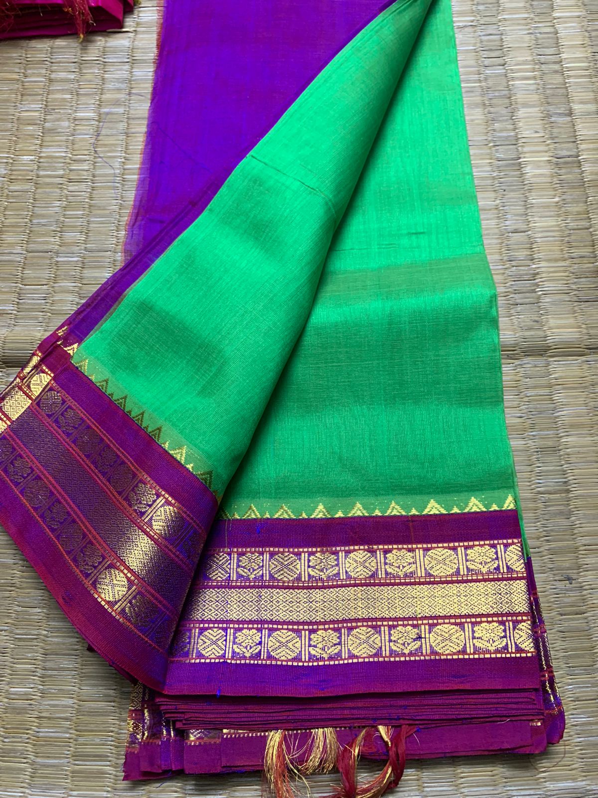 Korvai handloom weaving border silk cotton Saree korvai border in sea green with purple