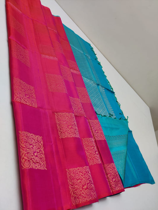 kanjivaram silk saree with double warp in borderless red with sea blue 