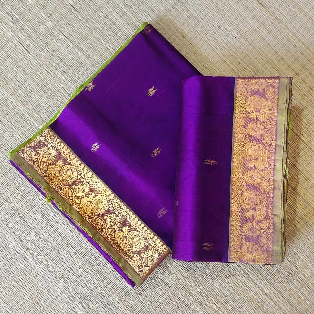 Silk cotton handloom Saree in deep purple with green border and golden butti