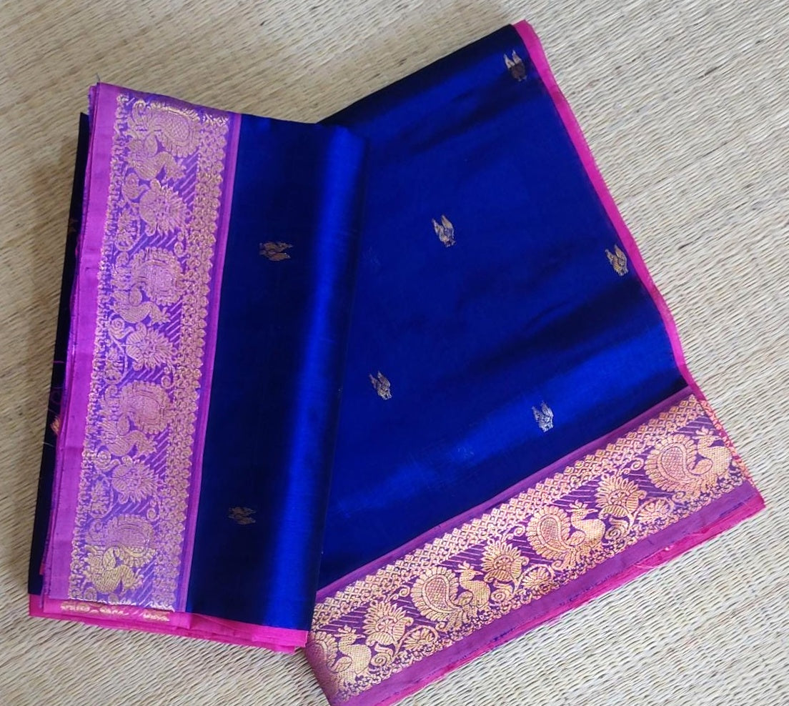 Silk cotton handloom Saree in royal blue with pink and golden butti