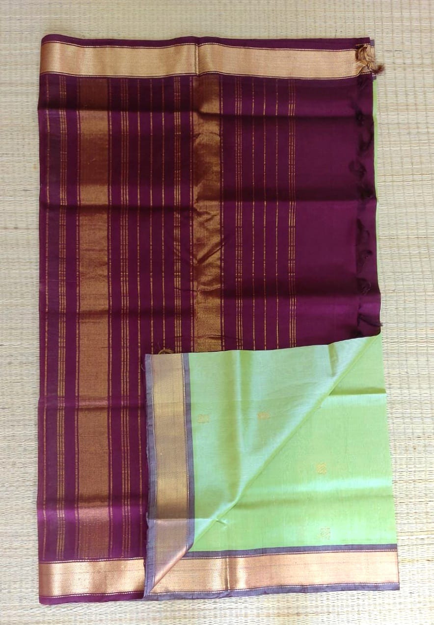 Silk cotton handloom Saree in pastal  green with maroon border and golden butti