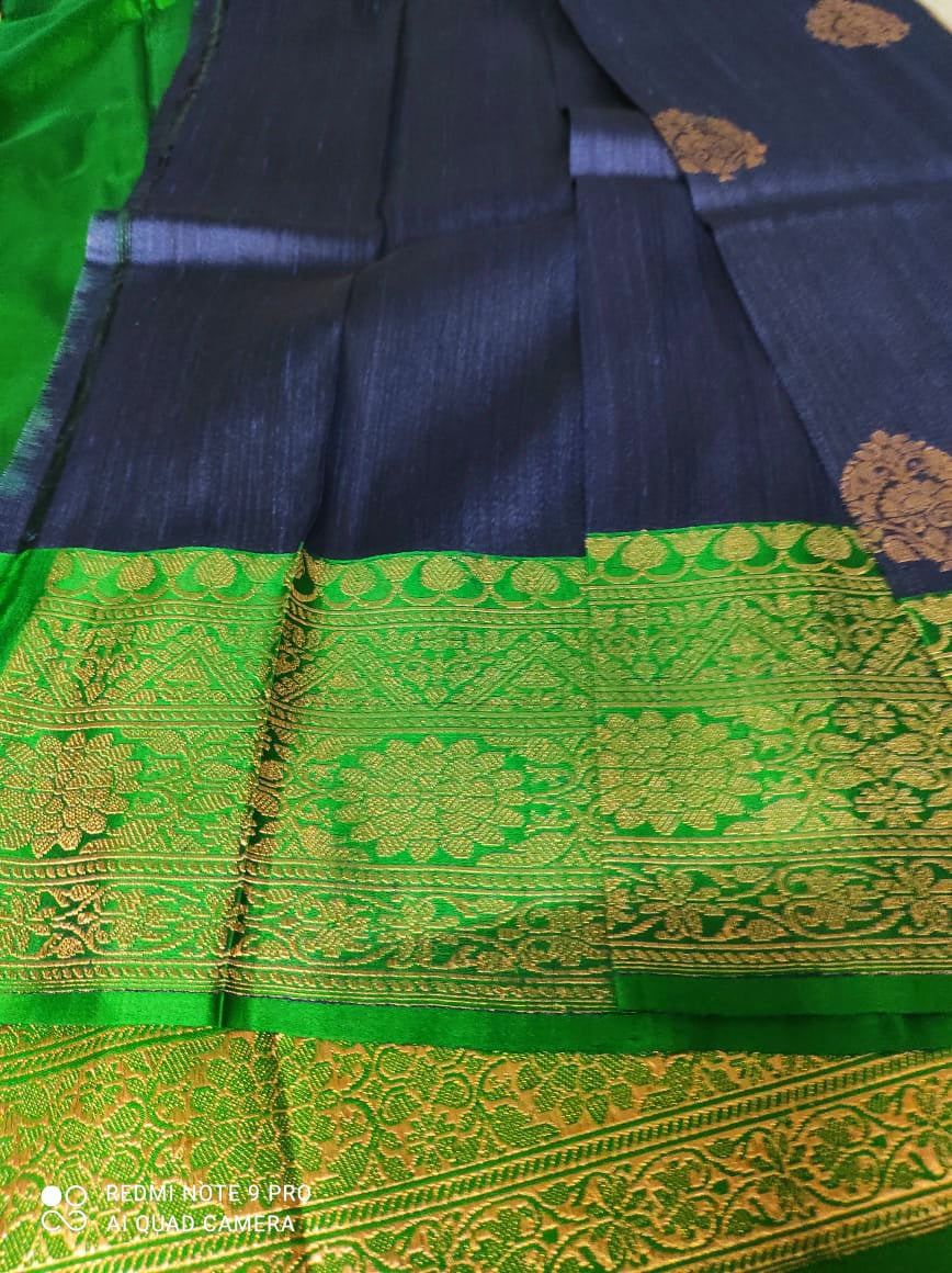 Tussar Banarasi kadva butta saree in blue and green