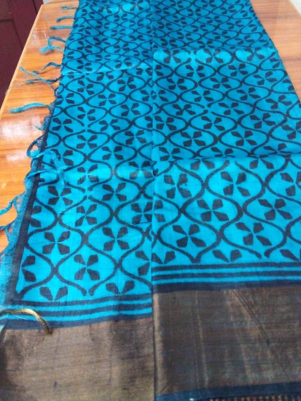 Pure tussar zari Saree hand block printed in full body in feroza Bluecolor