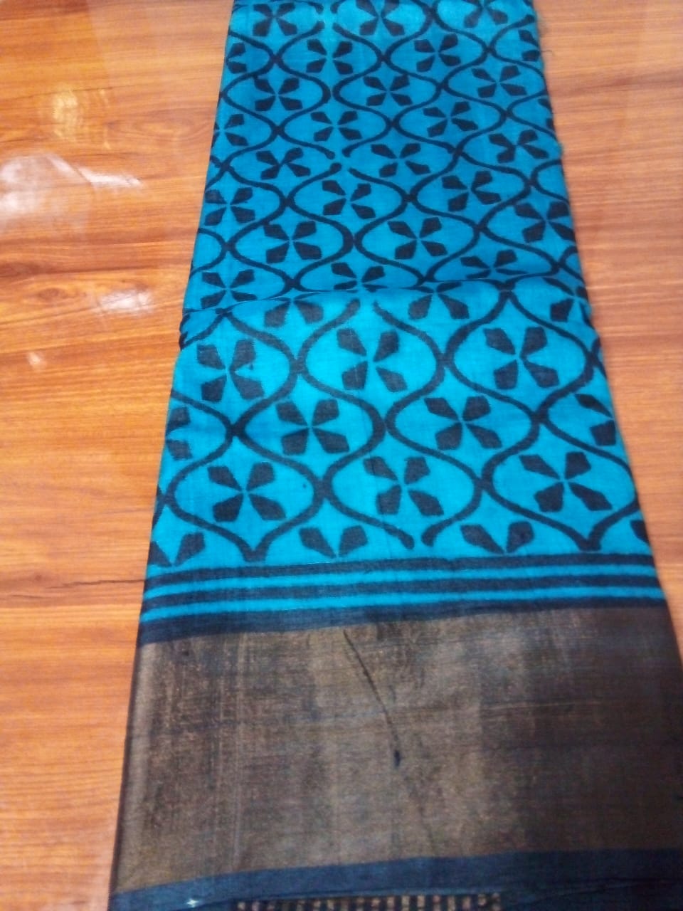 Pure tussar zari Saree hand block printed in full body in feroza Bluecolor