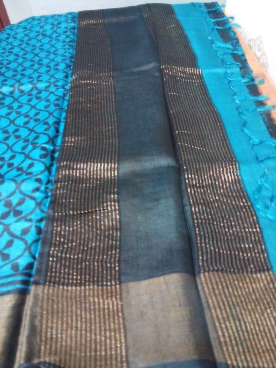 Pure tussar zari Saree hand block printed in full body in feroza Bluecolor