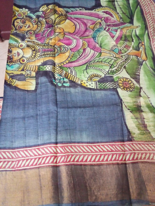 Pure Zari tussar silk saree silk saree in kalamkari hand painted in olive green color pattu saree