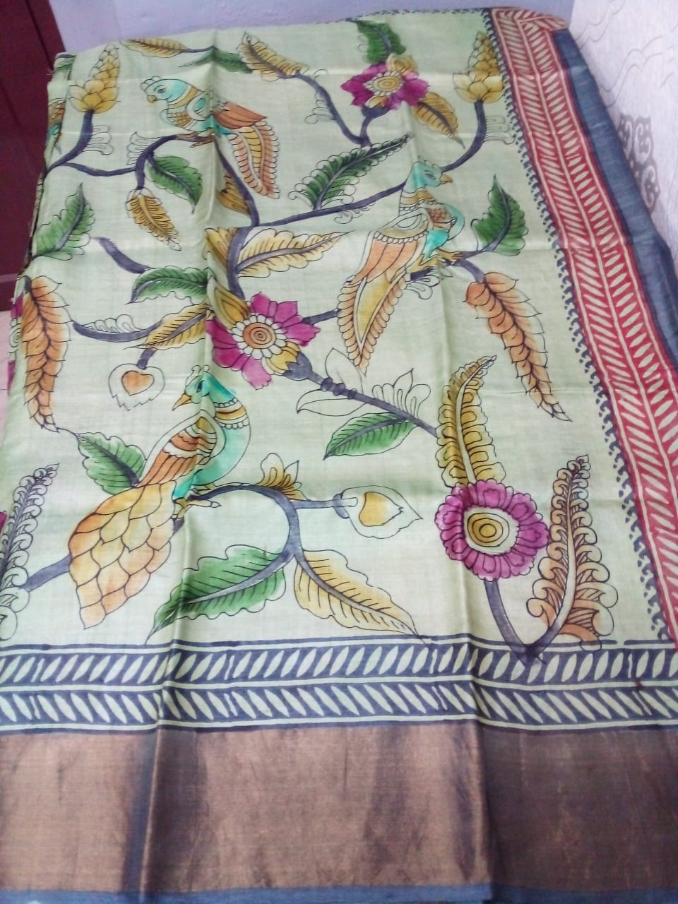 Pure Zari tussar silk saree silk saree in kalamkari hand painted in olive green color pattu saree