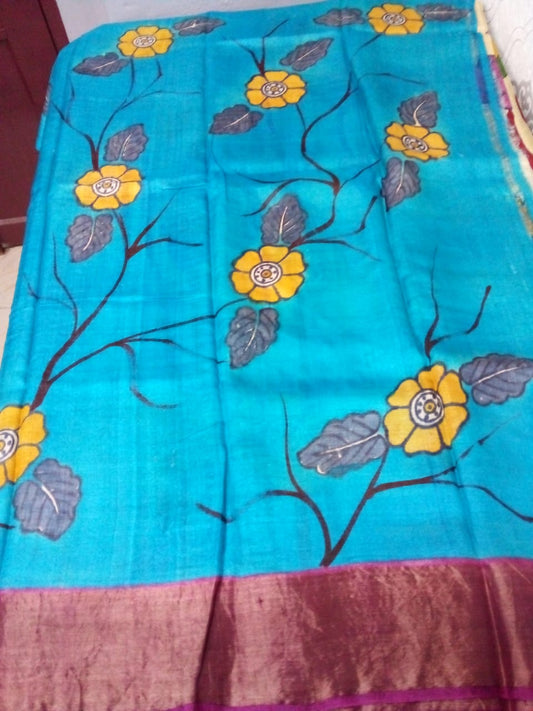 Pure Zari tussar silk saree silk saree in kalamkari hand painted in sky blue color pattu saree