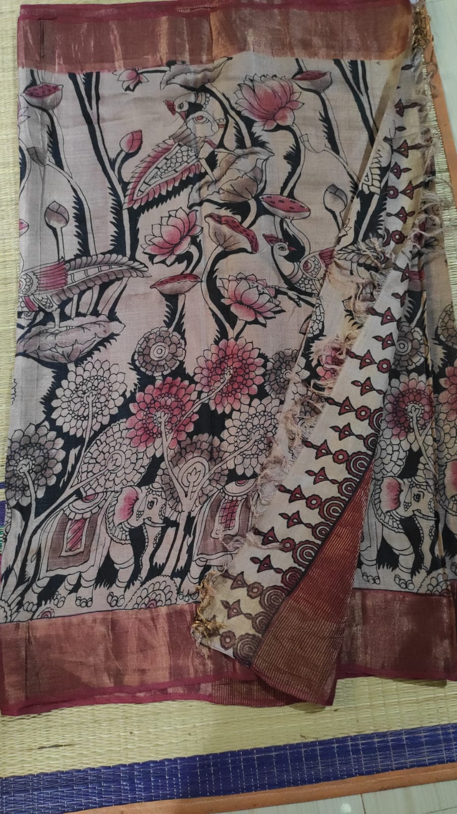 Hand painted Kalamkari pure tussar Saree in light peach color with red real pic mundi