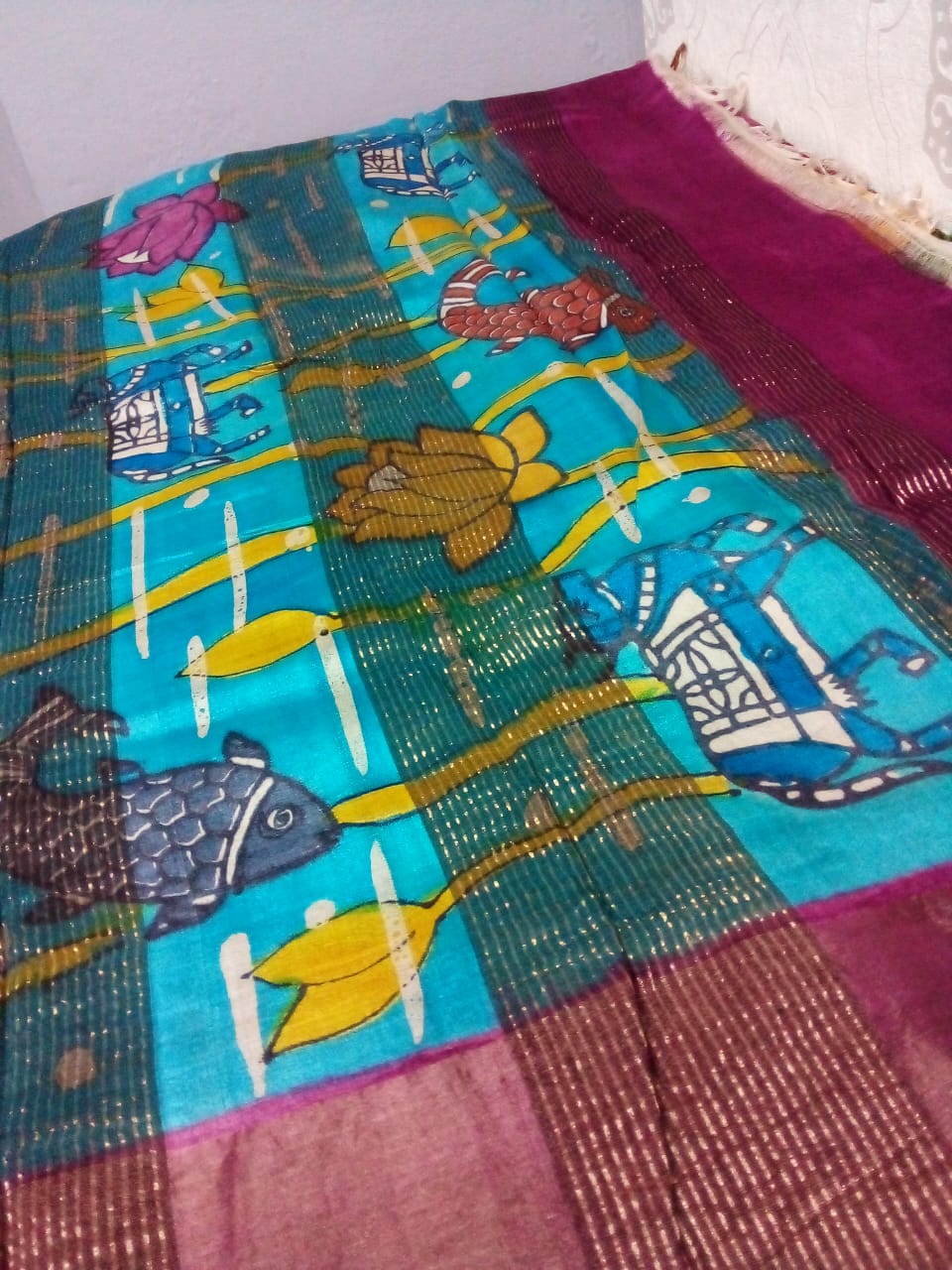 Pure Zari tussar silk saree silk in kalamkari hand painted in cream Color with blue color lotus and fish story 