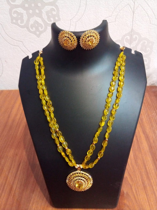 Jewellery lemon yellow natural Stone big pendant necklace with earrings