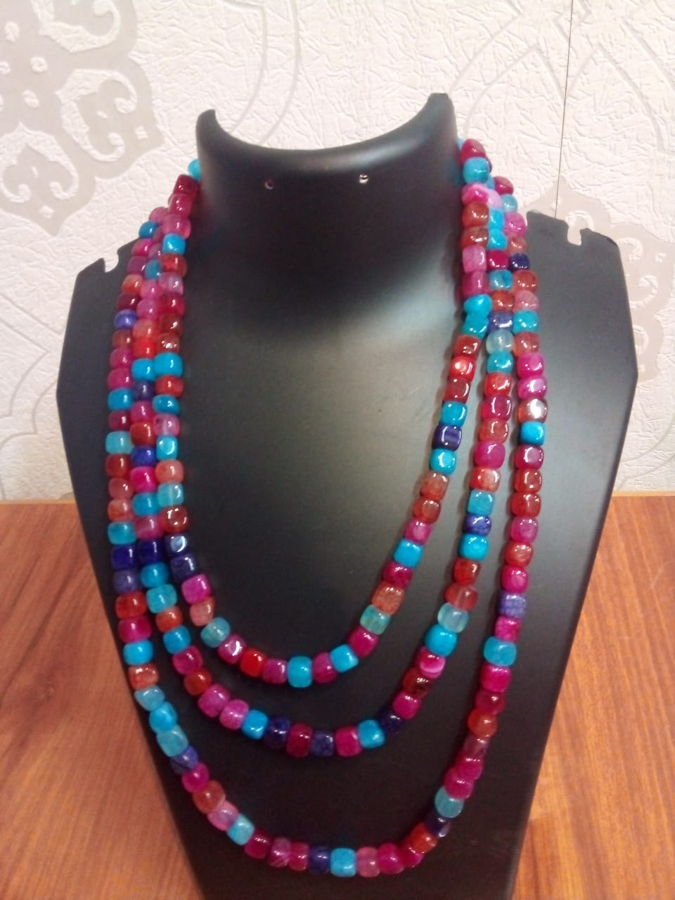 Jewellery deep purple pink and blue natural Stone three layers chain