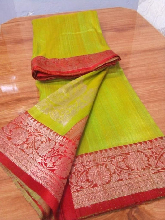 Tussar Banarasi green with pink color elegant saree