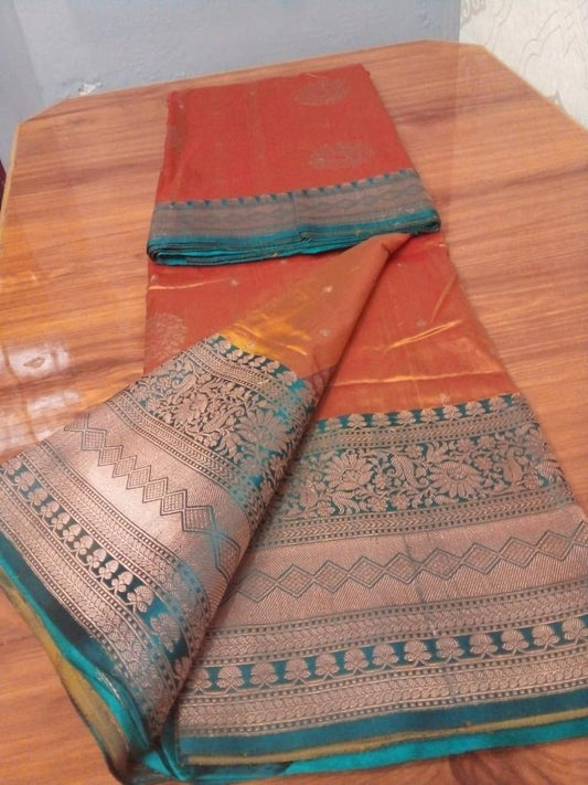 banarasi saree orange with sea green color meenakari butta saree