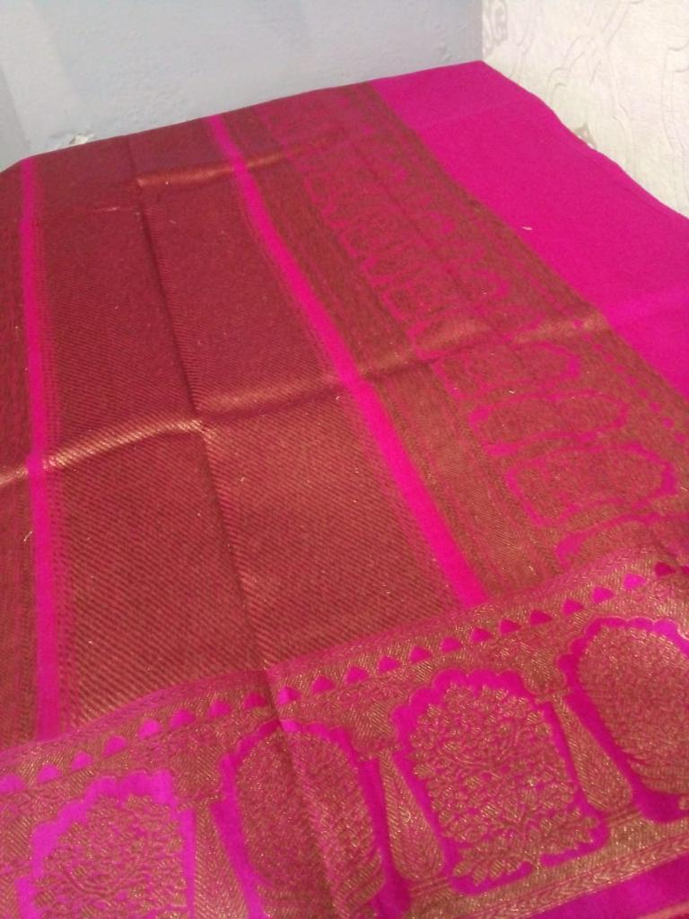 Tussar Banarasi yellow with pink color elegant saree