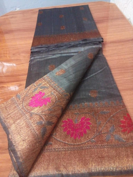 Tussar Banarasi gray color meenakari butta tussar Banarasi meenakari saree