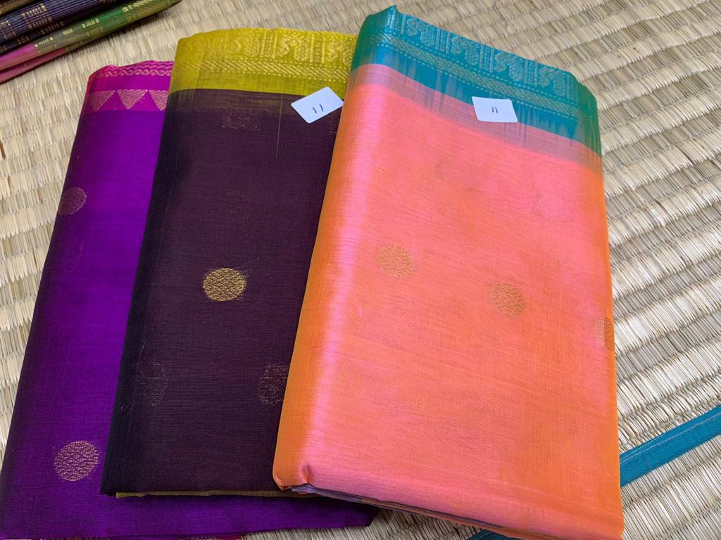 Korvai handloom silk cotton Saree korvai border in yellow with purple border