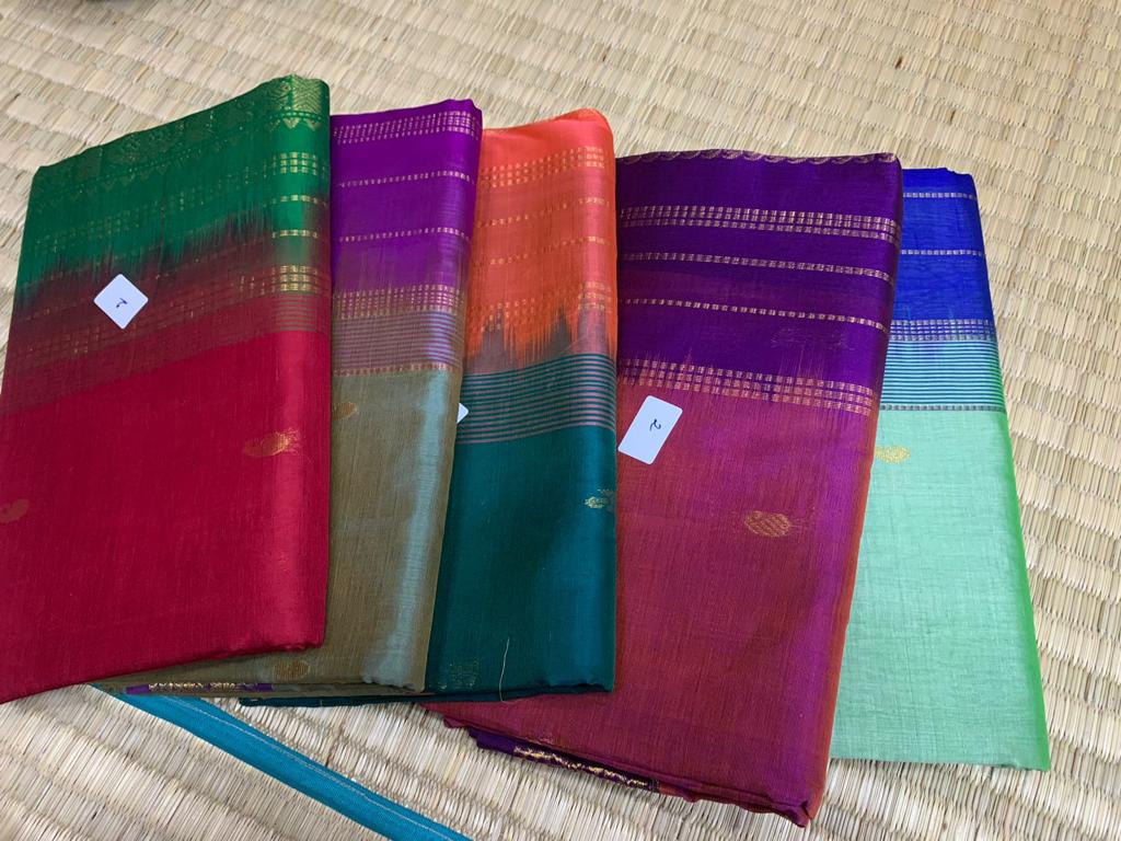 Korvai handloom silk cotton Saree korvai border in yellow with purple border