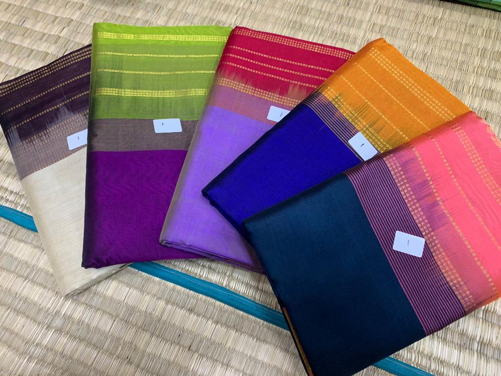 Korvai handloom silk cotton Saree korvai border in yellow with purple border