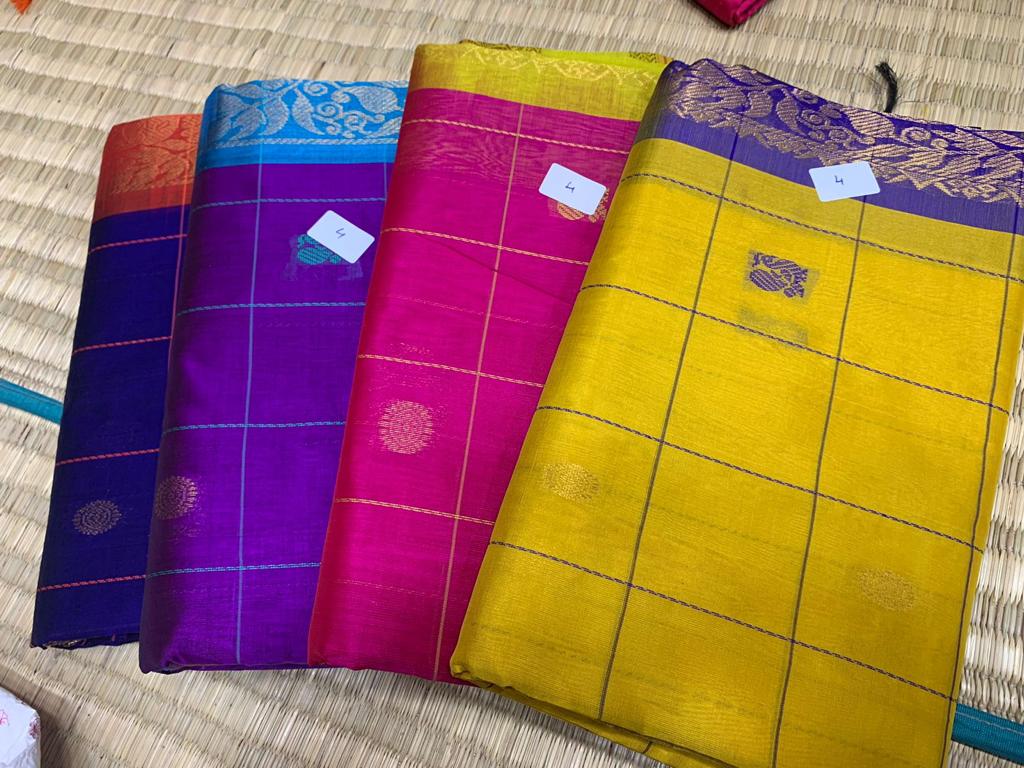 Korvai handloom silk cotton Saree korvai border in yellow with purple border